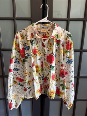 Elie Tahari White Floral Button-Up Blouse with Red, Yellow & Blue Blooms